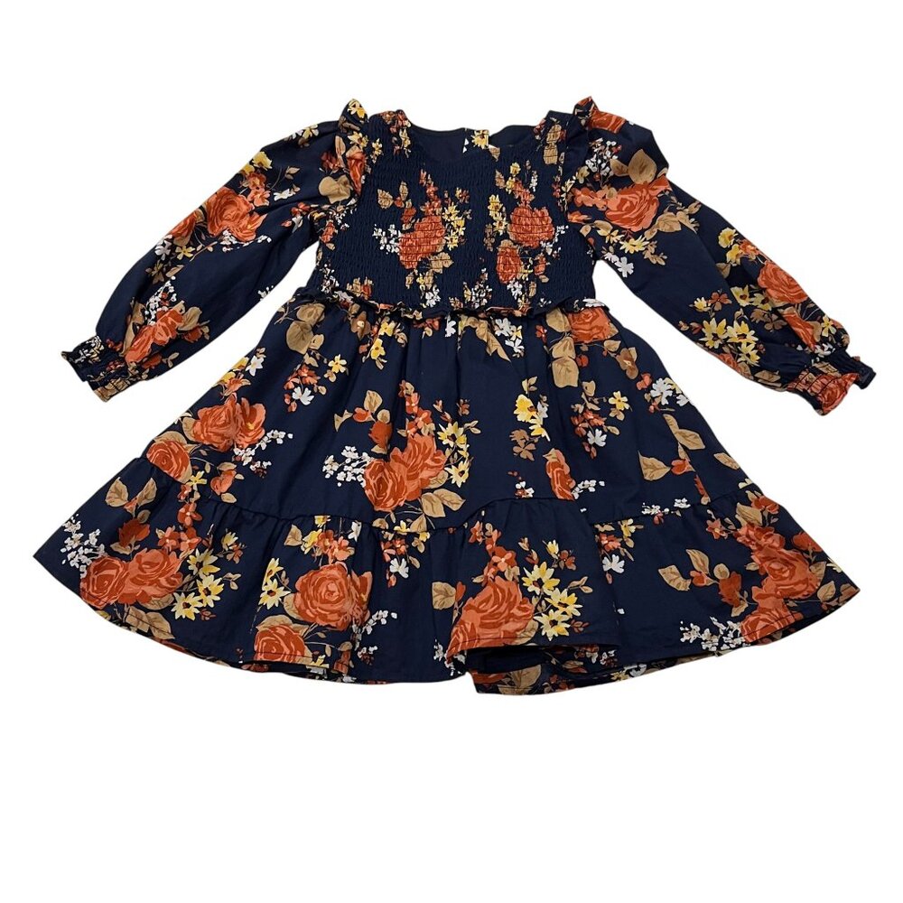 Janie and Jack Smocked Floral Ruffle Dress, Navy, 4 - Picture 6 of 8